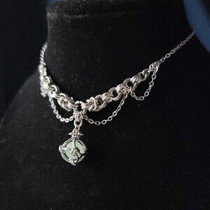 Vintage Victorian goth green and silver chandelier necklace with draped chains